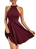 SheIn Damen Neckholder A Linie Kleid Elegant Sommerkleid Ärmellos Skaterkleid Kurz Swing Kleider Bordeaux M