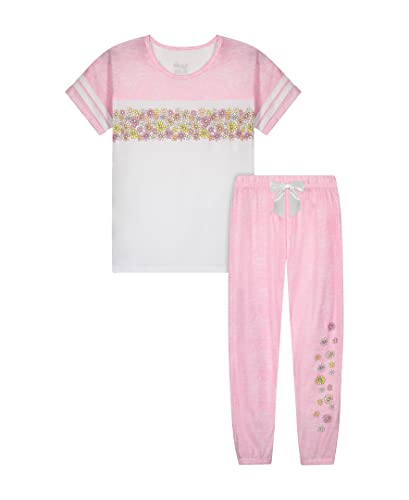 Sleep On It Girls Pajamas Pant Sets 4 Piece Summer T-Shirt And Legging Sleepwear Sets For Kids (2 Full Sets) (10-12, Gray-Pink) #TOP3