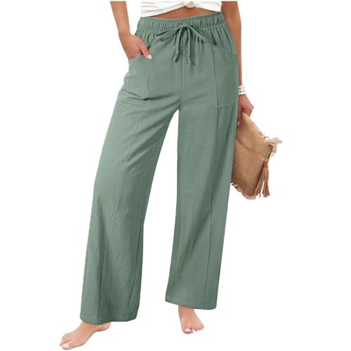 VBTAPA Petite Linen Pants Light Weight Pants for Women Summer High Waisted Wide Leg Palazzo Pant Summer Boho Casual Drawstring Beach Lounge Trousers 2026 Fashion Mint Green L
