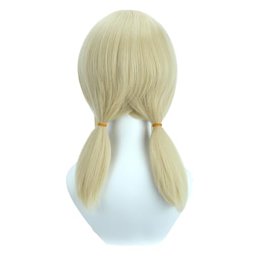Image of Blonde Wig with Bangs Blonde Short Wig with Two Pigtails Blonde Straight Wigs for Women Cosplay Synthetic Wigs with Wig Cap