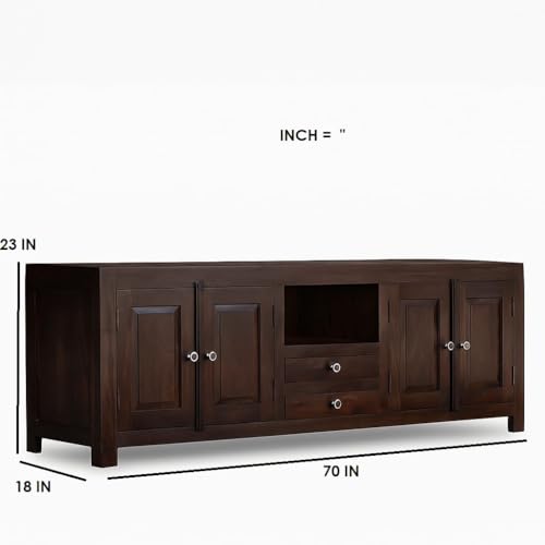 Image of Sheesham Wood TV Stand and Shelf Storage Entertainment Unit Center Console TV Table Wooden Tv Cabinet for Living Room Home (Dark Walunt)