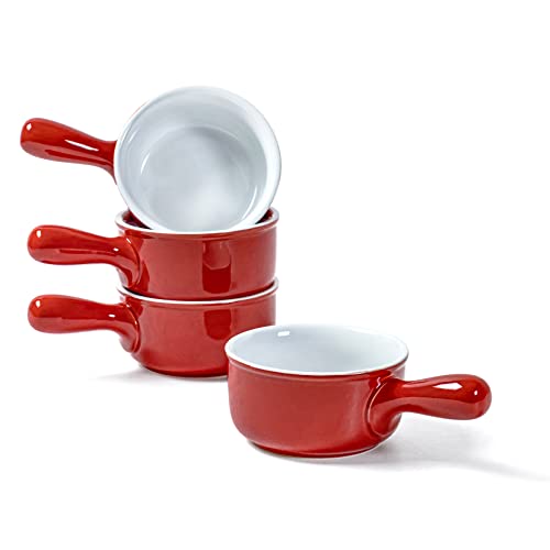 UNICASA Juego de 4 Tazones de Sopa con Asa, Tazón de Cebolla Francesa de 400ML, Tazón de Porcelana para Sopa para 4 Personas - Rojo, 4 x 400ml