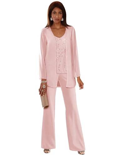 Blush Pink Mother of the Bride Pantsuits for Wedding - 3 PCS Sequin Grandmother of the Bride Pant Suits with Jacket Size 12