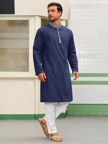 Runcati Mens Cotton Kaftan Robe Long Sleeve Button Down Henley Shirts Thobe Casual Side Split Gown Shirt3