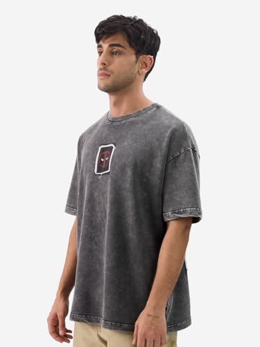 Image of The Souled Store Official Deadpool: No More Calm Men and Boys Short Sleeve Round Neck Grey Cotton Oversize Fit T-Shirt
