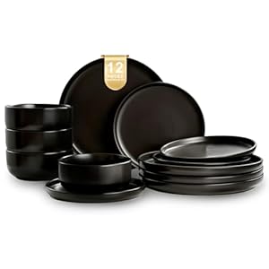 EWFEN Plates and Bowls Sets, Dinnerware Sets for 4, 12 Pieces Scratch Resistant Dishware Dishes Set, Ceramic Kitchen Dinner Set, Porcelain & Microwave and Dishwasher Safe, Black