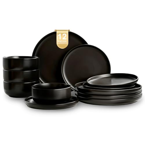 EWFEN Plates and Bowls Sets, Dinnerware Sets for 4, 12 Pieces Scratch Resistant Dishware Dishes Set, Ceramic Kitchen Dinner Set, Porcelain & Microwave and Dishwasher Safe, Black