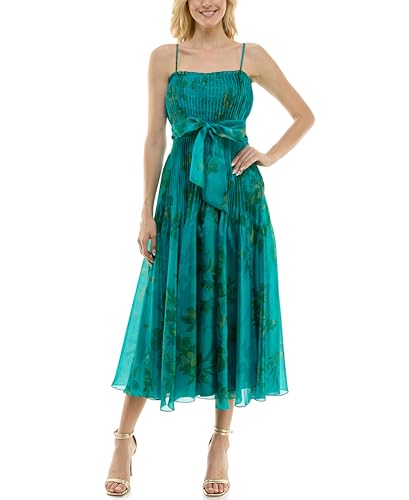 Taylor Women's Sleeveless Smocked Spaghetti Strap Midi Dress with Bow Sash, Ocean Olive