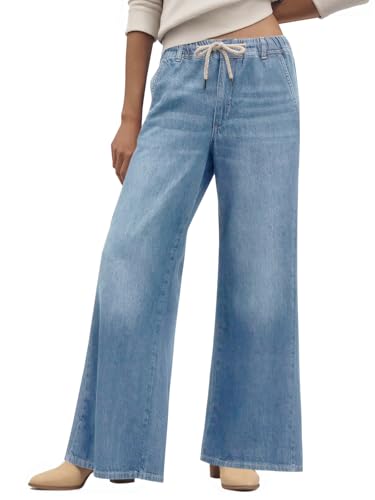 Cicy Bell Womens Wide Leg Flare Jeans Casual Drawstring High Waist Vintage Denim Pants with Pockets