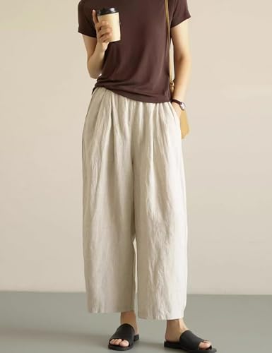 Yeokou Womens Linen Pants Summer Casual Capris Cropped Wide Leg Beach Trousers with Pockets(Beige-S)4