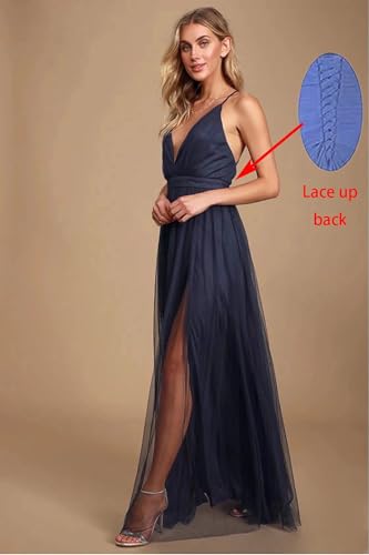 Spaghetti Straps Prom Dresses Long for Women Formal Sleeveless Tulle V-Neck Evening Gowns with Slit DR00072