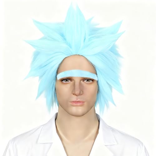 Linfairy Short Blue Wig and fake eyebrow Halloween Costume Fuzzy Funny Wig for Men image 5