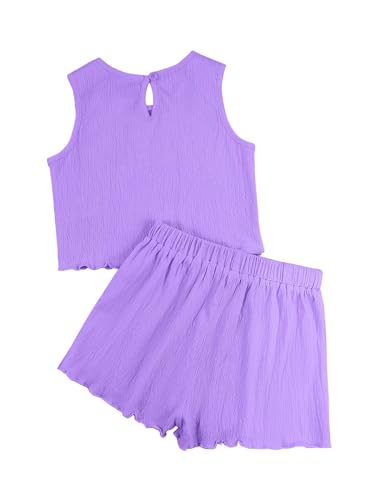 Image of Girls' Summer 2 Piece Outfits Sleeveless Tank Tops and Wide Leg Shorts Sets Purple 9-10Y