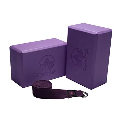 Clever Yoga Blocks 2 Pack with Strap - Extra Light Weight Sweat Repelling Foam Yoga Block Set with Cotton 8ft Yoga Stretch Strap - Yoga Block and Strap Set Kit for Beginner to Pro - Exercise Cover