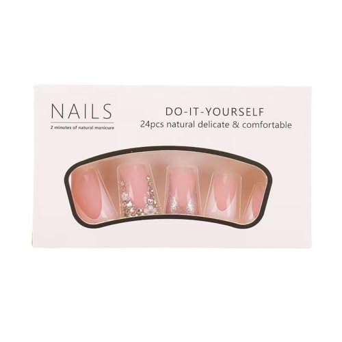 Image of Diamond Press on Nails White French Tip Fake Nails Medium Square False Nails Flower Glue on Nails Reusable Artificial Acrylic Full Cover Stick on Nails Spring Summer Nails Decoration 24Pcs
