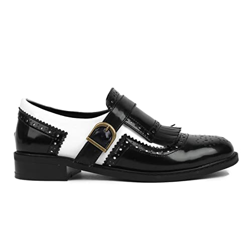 Pivapam Black And White Oxfords For Women Tassel Patent Leather Chunky Low Heels Slip On Wingtip Two Tone Saddle Oxford Shoes #TOP4