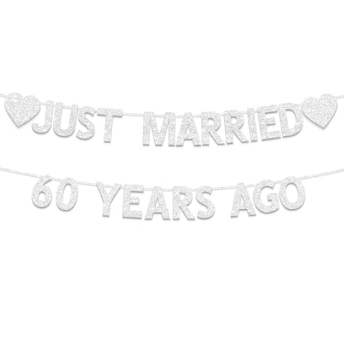 Image of 60th Wedding Anniversary Party Banner Decorations, Silver Glitter Just Married 60 Years Ago Banner, We Still Do 60th, 60 Years Blessed & Loved Decorations Supplies