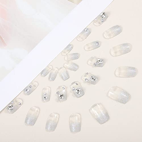 Auwoyss Crystal Press On Nails Square Fake Nail 3D Rhinestone False Nail Medium Length Glitter Sparkle Luxury Full Cover Acrylic Nails Tips Gel Fancy Stick On Nails Bride Art Gel Artificial Wedding #TOP1
