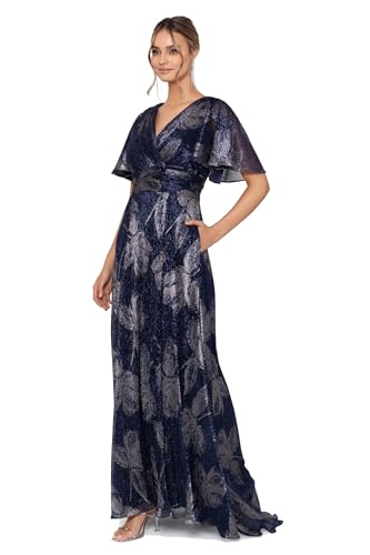 Image of Betsy & Adam Women's V Neck Flutter Sleeve Metallic Print Flowy Dress