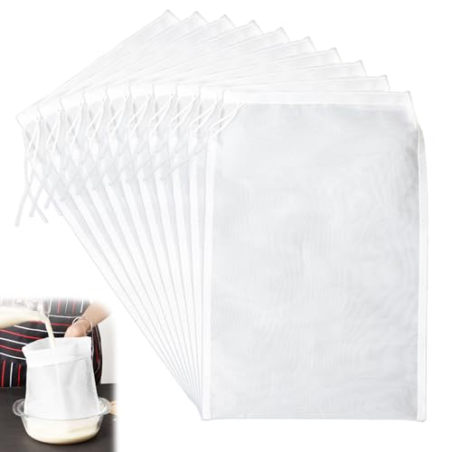 YAUOIPI 10 Pièces Filtre Nylon Sac, 30×20 cm Sac de Brassage 200 Micro Sac Filtre Houblon en Nylon avec Cordon Ajustable Sacoche Filtre pour Vin Jus Bière Sac à Lait D'amande (Blanc)