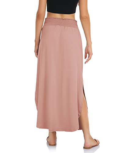 Carpetcom Women's Casual Loose Cozy Comfy Smocked High Waist Maternity Lounge Flowy Long Length Maxi Skirts With Slit Dusty Pink #TOP3