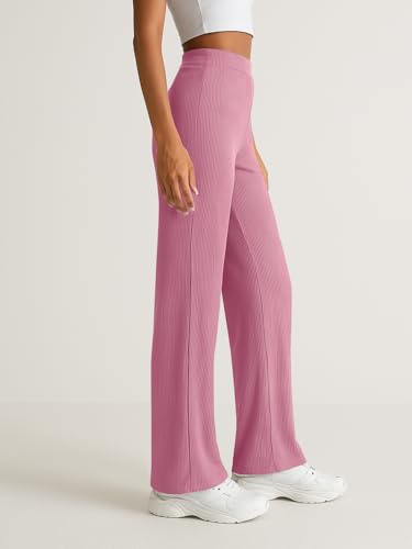 Image of Pinkmint Women High Waist Ribbed Wide Leg Trousers | Stretchable Palazzo Pants | Gym Yoga Workout Sports Activewear | Casual Lounge Travel Office Elastic Waist Flared Pants