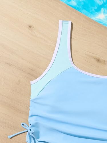 Image of SweatyRocks Girl's 2 Piece Bathing Suit Colorblock Ruched Scoop Neck Drawstring High Waist Bikini Swimsuit Blue 16Y