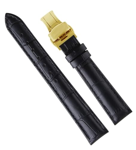 Bracelet de montre en cuir femme 16mm noir et or élégant pour montre de luxe
