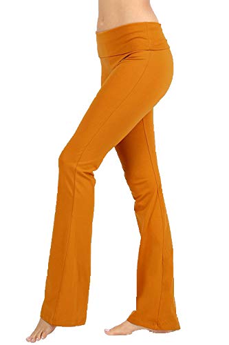 Zenana Premium Cotton FOLD Over Yoga Flare Pants - Desert Mustard - Medium