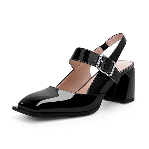 Women's Slingback Heels Square Toe Chunky Heel Buckle Strap Mary Janes Pumps Dress Shoes