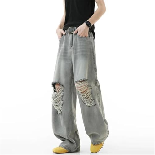 Men’s Loose Fit Denim Pants, Hole Design, Solid Color, Straight Baggy Jeans, Trendy Summer Fashion2