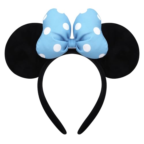 ODOCARE Handmade Mouse Ears Headband for Women and Ladies Polka Dot Bow Minnie Ears Costume Accessories (Blue-White Dots)
