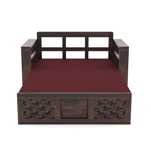Image of Solid Sheesham Wooden 2 Seater Sofa Cums Bed with Mattresses for Home Living Room | Rosewood 2 Seater Sofa Cums Bed for Bedroom Without Pillow | Wooden Sofa Bed (Walnut, 2 Seater)