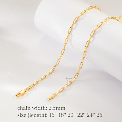 Gold Necklace for Women & Men 14K Gold Chain Necklace for Women Unisex 2.5mm Wide Paperclip Chain Necklaces Non Tarnish Paperclip Necklaces Jewelry 16” - 26”2