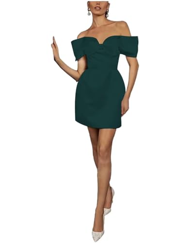 Image of TIANMEI Women's Off the Shoulder Satin Wedding Dresses for Bride with Bow Teal Short Bridal Baby Shower Dress Mini Homecoming Gown Size 2