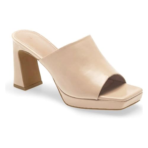 Image of Womens Platform Chunky Heels Mules Square Open Toe High Heeled Sandals Slip On Slides Dress Shoes