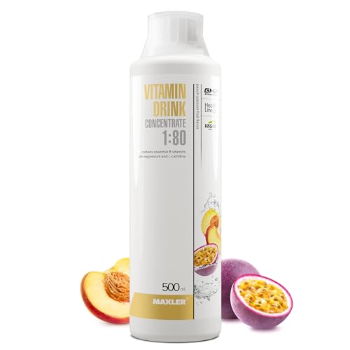Maxler Vitamin Drink Concentrate 1:80 - Melocotón-Maracuyá - 500 ml - Combinación altamente concentrada de vitaminas del grupo B, niacina, magnesio y L-carnitina - 55 porciones de vitaminas