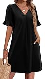 OFEEFAN Plus Size Dresses for Curvy Women Summer Short Sleeve V Neck Pleated Flowy Dresses for Women with Pockets Black 2XL