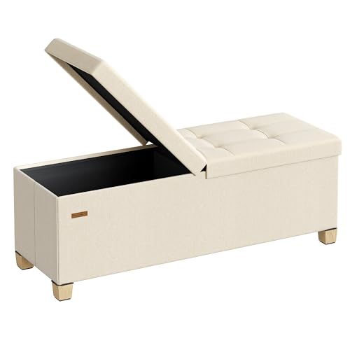 SONGMICS Banc Pouf de Rangement avec Pieds, Coffre de Rangement Pliable avec Couvercle Rabattable, Banc de Bout de Lit, pour Salon, Chambre, Entrée, Tissu...