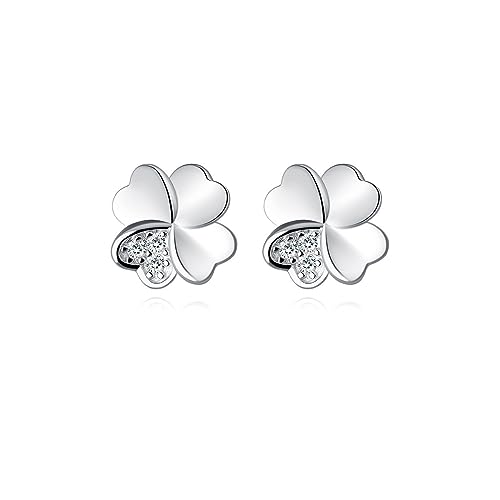 Reffeer Solid 925 Sterling Silver Clover Leaf Stud Earrings for Women Teens CZ Clover Stud Earrings Shamrock Earrings Spring