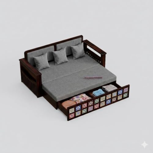 Image of Wooden Sofa Cum Bed for Living Room | Convertible Sofa Bed with Storage | 3 Seater Foldable Sleeper Sofa | Solid Wood Pull Out Sofa Bed with Mattress for Home & Guest Room (Walnut, Mary)