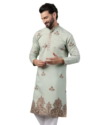 Image of SOJANYA (Since 1958 Men's Cotton Contrast Coffee Thread Embroidered Long Kurta