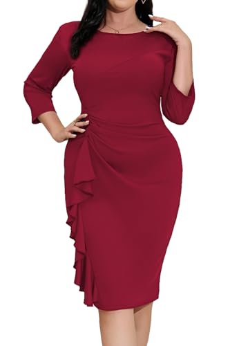 Image of Plus Size Dresses for Curvy Women 3 /4 Sleeve Bodycon Fit Ruffle Midi Pencil Dress