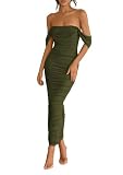 PRETTYGARDEN Womens 2025 Summer Off The Shoulder Dress Ruched Bodycon Sleeveless Split Cocktail Party Maxi Dresses (Army Green,Medium)