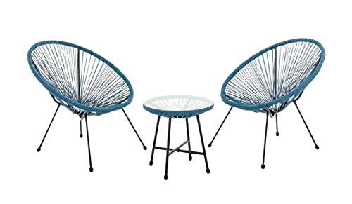 EVRE Goa Teal Acapulco Styled Egg Shape Conversational Garden Furniture Bistro Patio Outdoor Set For Balconies Gardens Terraces 2 Chairs 1 Glass Top Table
