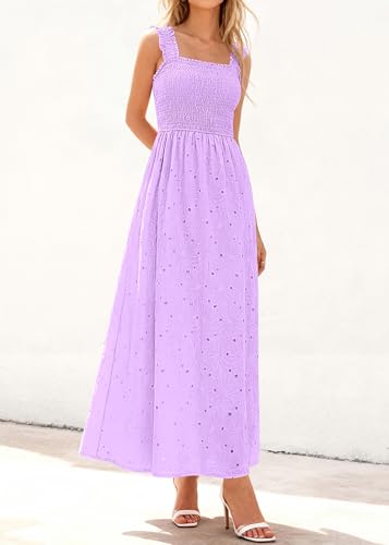 Image of KIRUNDO Summer Lace Dress for Women Eyelet Maxi Sundress | Boho Sleeveless Cotton Flowy Long Dresses, Wedding Guest, Beach Vacation, Baby Shower Guest Dress, Smocked Bust, With Pockets