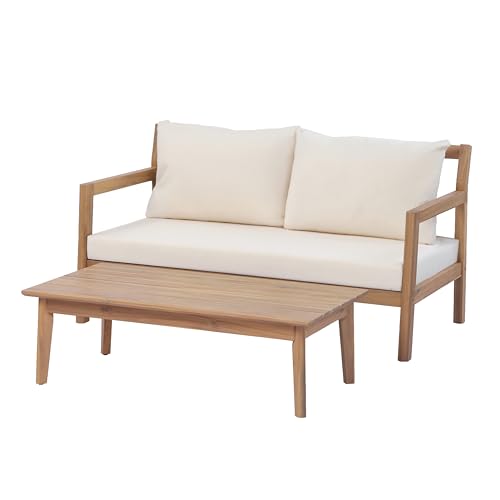 Christopher Knight Home Rachel 2 Piece Loveseat Sofa and Coffee Table Set, Acacia Wood Patio Furniture Set with Removable Cushion, Patio Conversation Set with Slatted Design, Beige+Light Teak by Christopher Knight Home - Used condition - Image 2