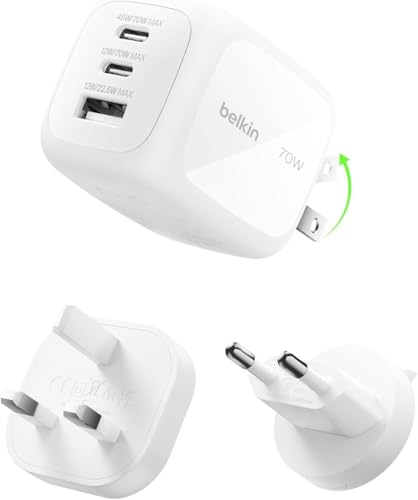Belkin 3-Port USB-C Plug 70W, Multi-Port GaN Wall Charger wi
