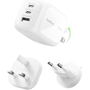 Belkin 3-Port USB-C Plug 70W, Multi-Port GaN Wall Charger with 2x USB-C & 1x USB A Ports, UK and US Plug Tips, Fast Charging for MacBook, iPhone 16, iPad, Samsung Galaxy S25, Google Pixel, etc – White