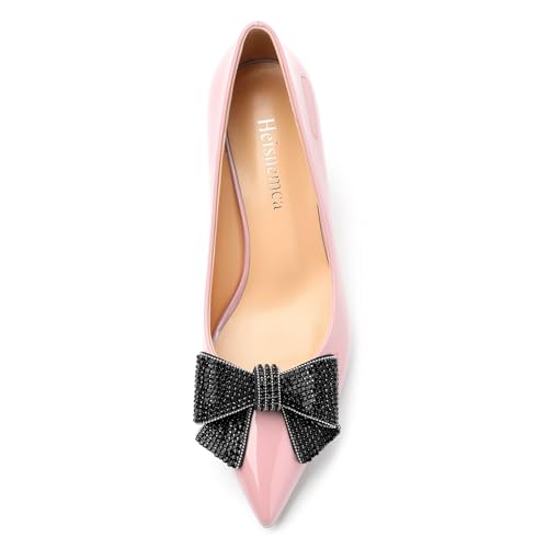 Image of Heels for Women Closed Patent Pointed Toe Bow Pumps Slip on Kitten Low Heels Wedding Party Dress Office Shoes 2.5Inch